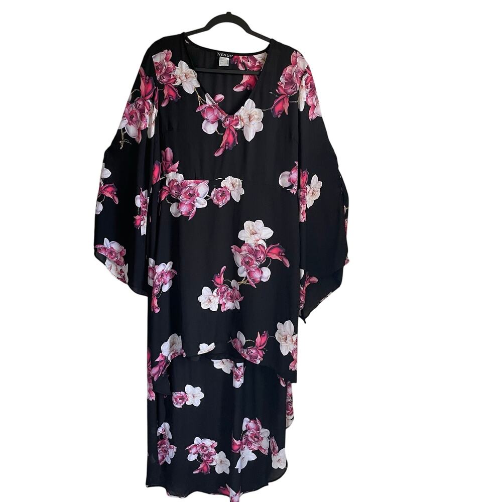 Venus Hi-Low Dress Sz 18 V-Neck Black Pink Floral Liner Bell Cut Out Sleeves